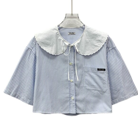 Miu Miu Blue Striped Cotton Baby Collar Short-Sleeved Single-Breasted Shirt Size - Picture 1 of 8